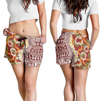 Hawaiian Plumeria Lei Shorts for Women Kakau Motifs and Palaka Half Style Red Color - Polynesian Pride