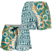 Hawaiian Plumeria Lei Shorts for Women Kakau Motifs and Palaka Half Style Turquoise Color - Polynesian Pride