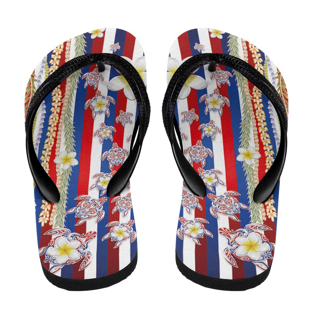 Hawaiian Polynesian Tribal Turtles Flip Flops with Lei and Flag Style LT03 - Polynesian Pride