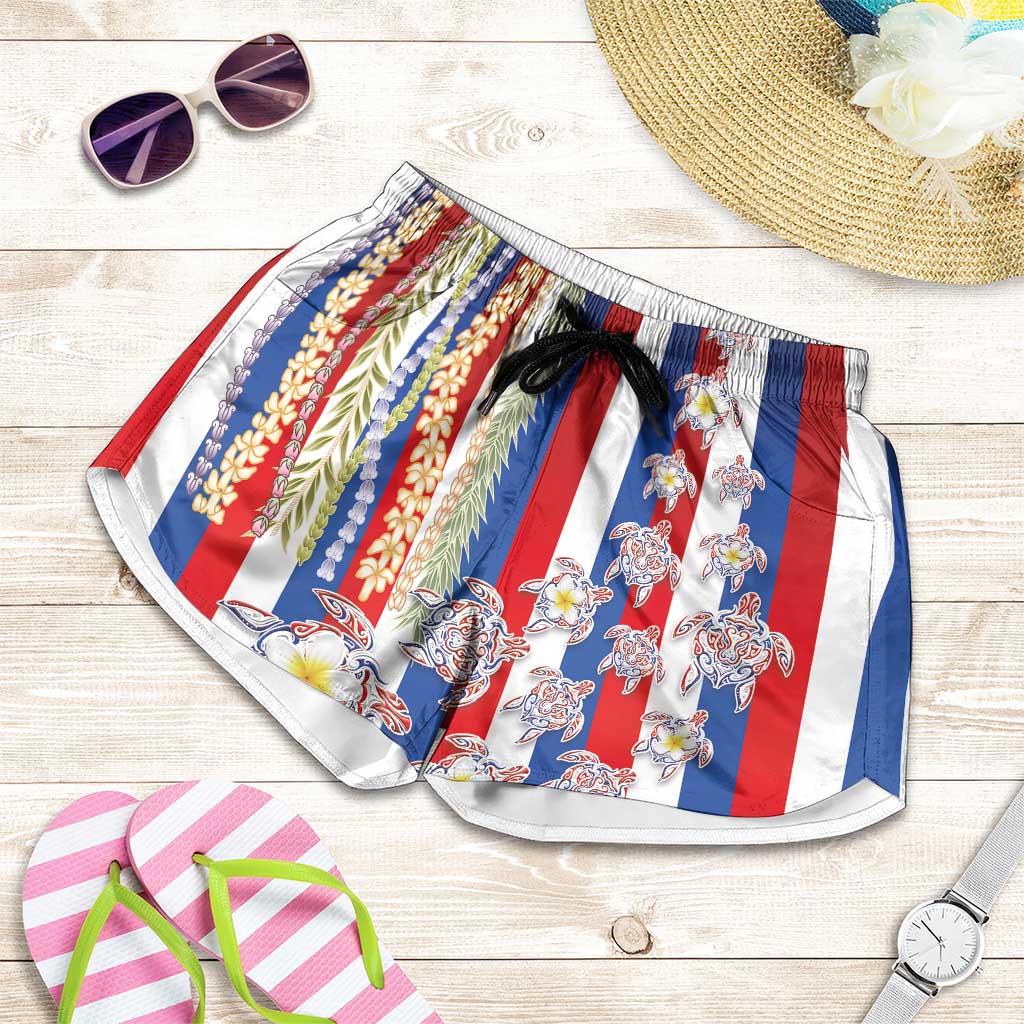 Hawaiian Polynesian Tribal Turtles Shorts for Women with Lei and Flag Style LT03 Multicolor - Polynesian Pride