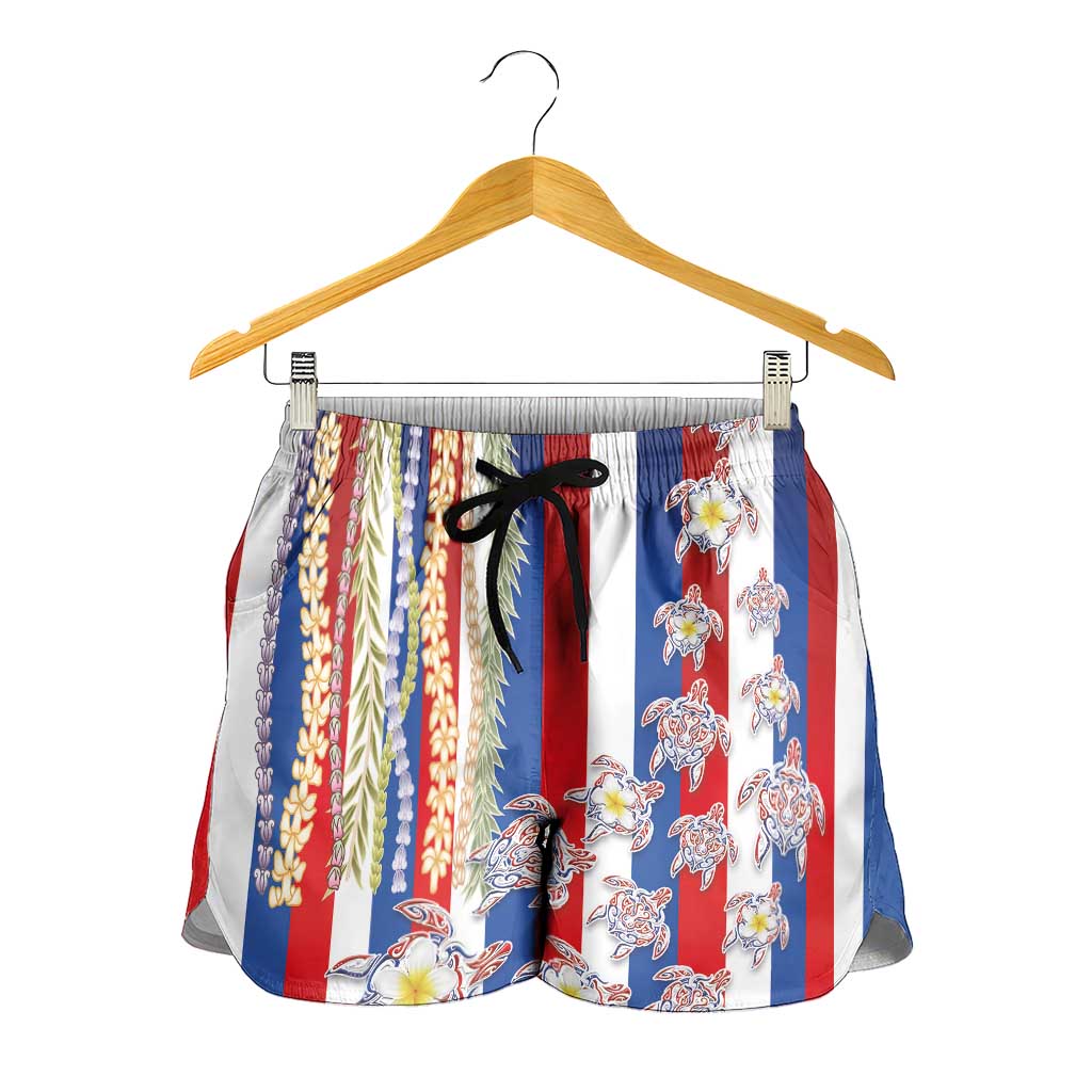 Hawaiian Polynesian Tribal Turtles Shorts for Women with Lei and Flag Style LT03 - Polynesian Pride