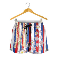 Hawaiian Polynesian Tribal Turtles Shorts for Women with Lei and Flag Style LT03 - Polynesian Pride