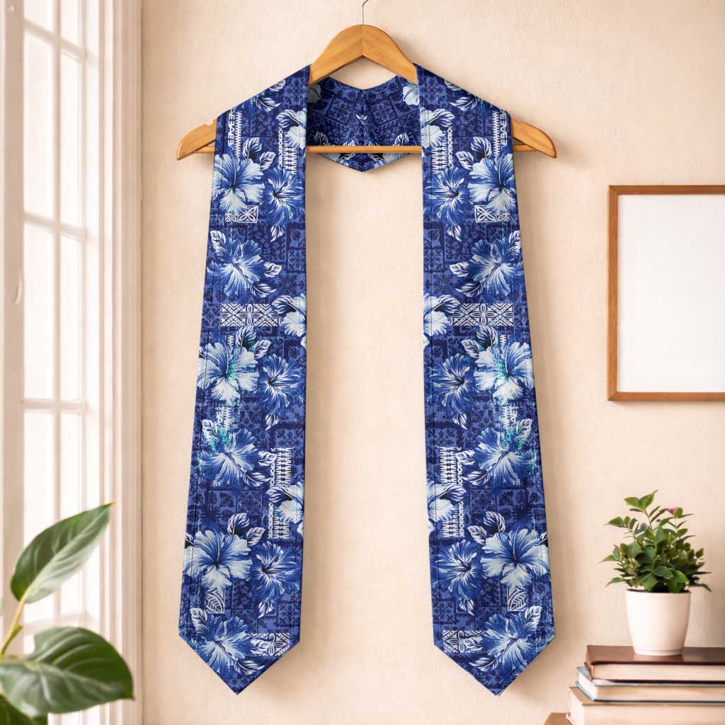 Hawaiian Quilt Pattern Graduation Stole Hibiscus and Tribal Element Vintage Blue Vibe LT03 One Size Blue - Polynesian Pride