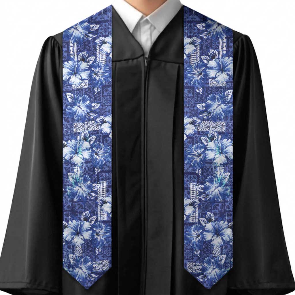 Hawaiian Quilt Pattern Graduation Stole Hibiscus and Tribal Element Vintage Blue Vibe LT03 - Polynesian Pride