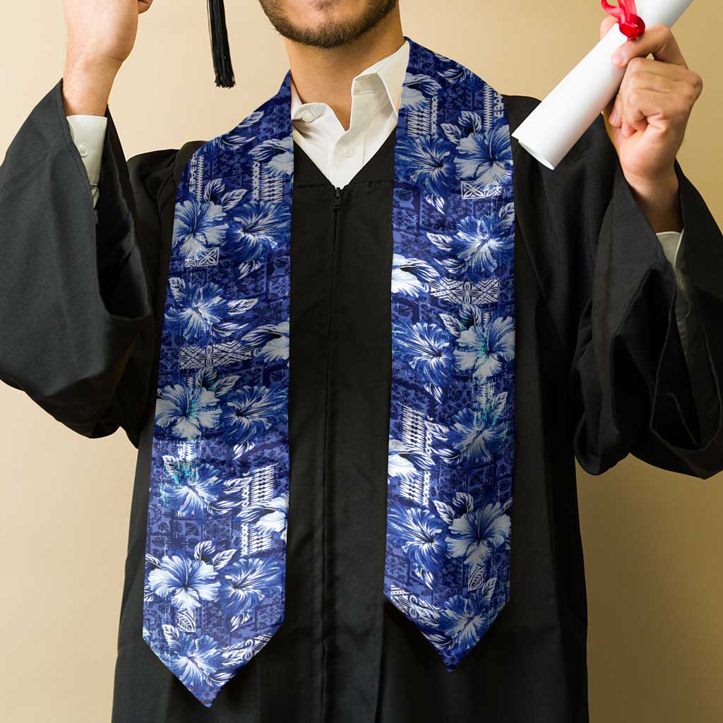 Hawaiian Quilt Pattern Graduation Stole Hibiscus and Tribal Element Vintage Blue Vibe LT03 - Polynesian Pride