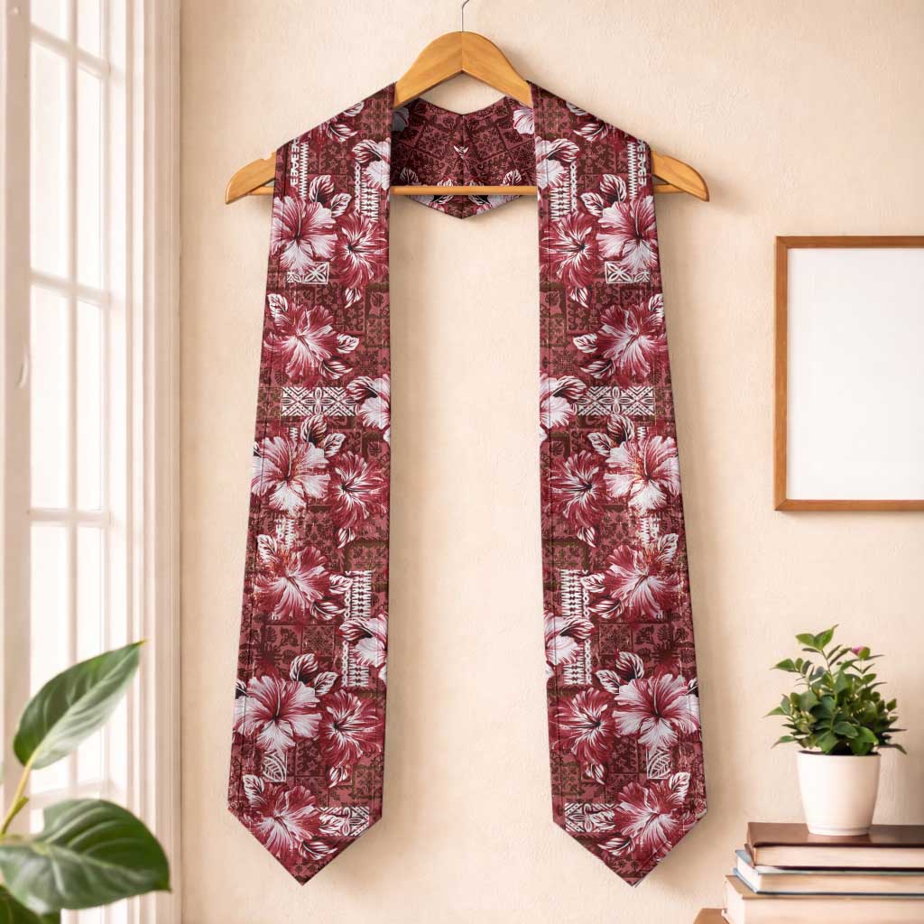 Hawaiian Quilt Pattern Graduation Stole Hibiscus and Tribal Element Vintage Red Vibe LT03 One Size Red - Polynesian Pride