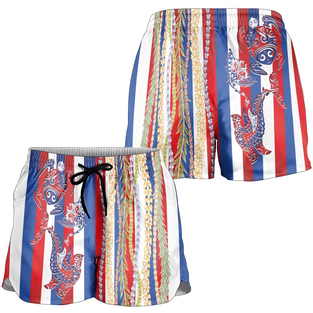 Hawaiian Sea Animals Shorts for Women with Lei and Flag Style LT03 - Polynesian Pride