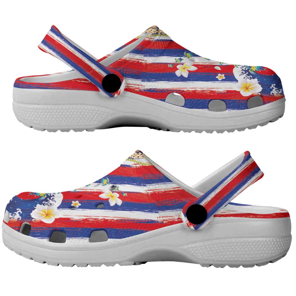 Hawaiian Sea Turtles and Plumeria Clogs Shoes with Lei and Flag Grunge Style LT03 - Polynesian Pride
