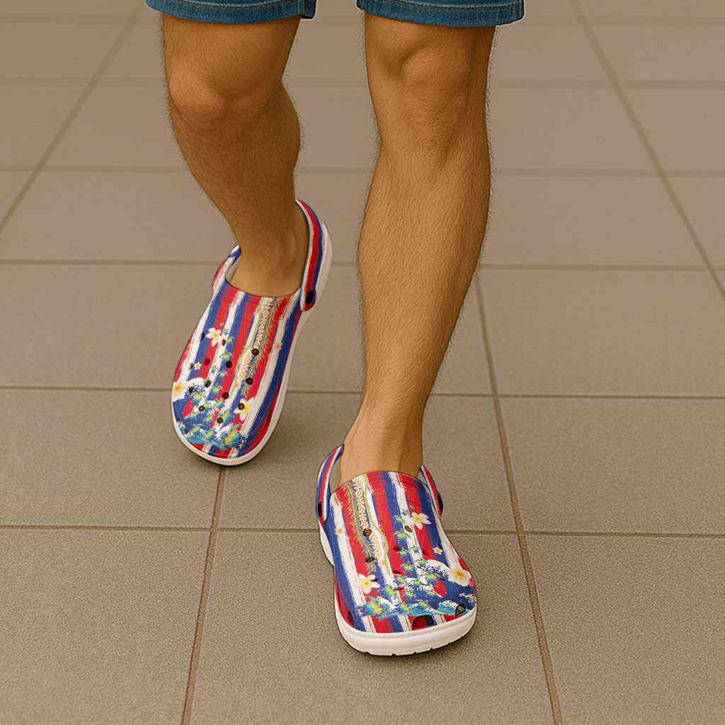 Hawaiian Sea Turtles and Plumeria Clogs Shoes with Lei and Flag Grunge Style LT03 - Polynesian Pride