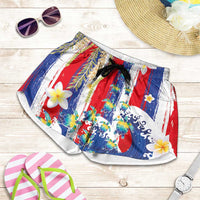 Hawaiian Sea Turtles and Plumeria Shorts for Women with Lei and Flag Grunge Style