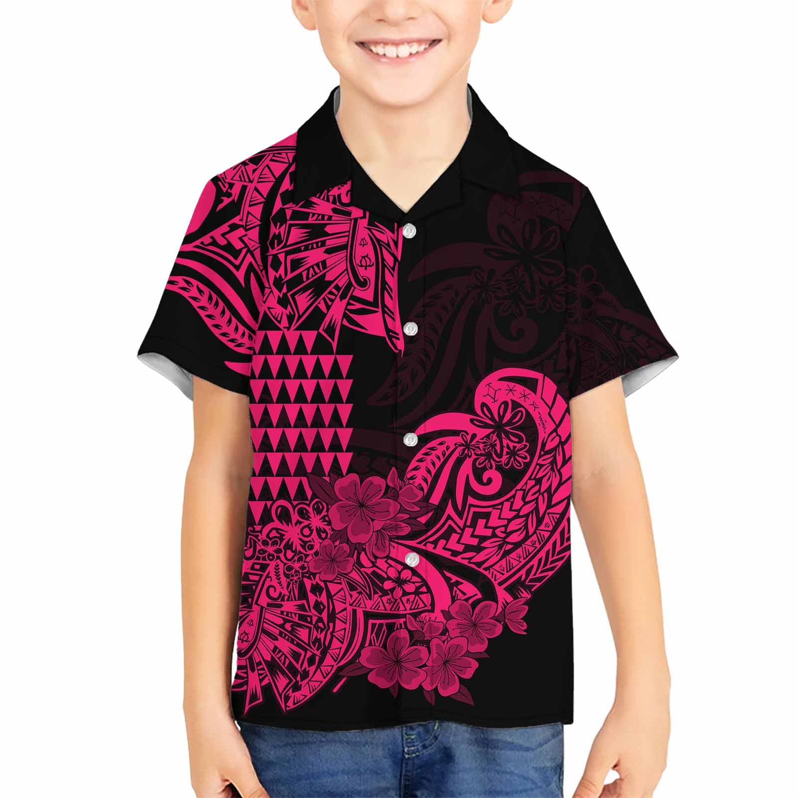 Hawaii Kakau Polynesian Floral Tribal Kid Hawaiian Shirt LT9