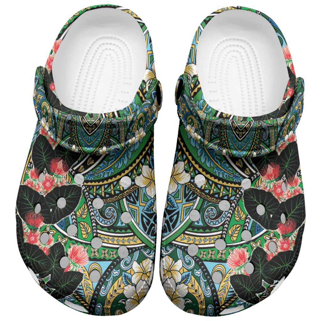 Hawaiian Taro Leaves and Ohia Lehua Clogs Shoes Polynesian Tribal Art Tropical Plants Motifs Colorful