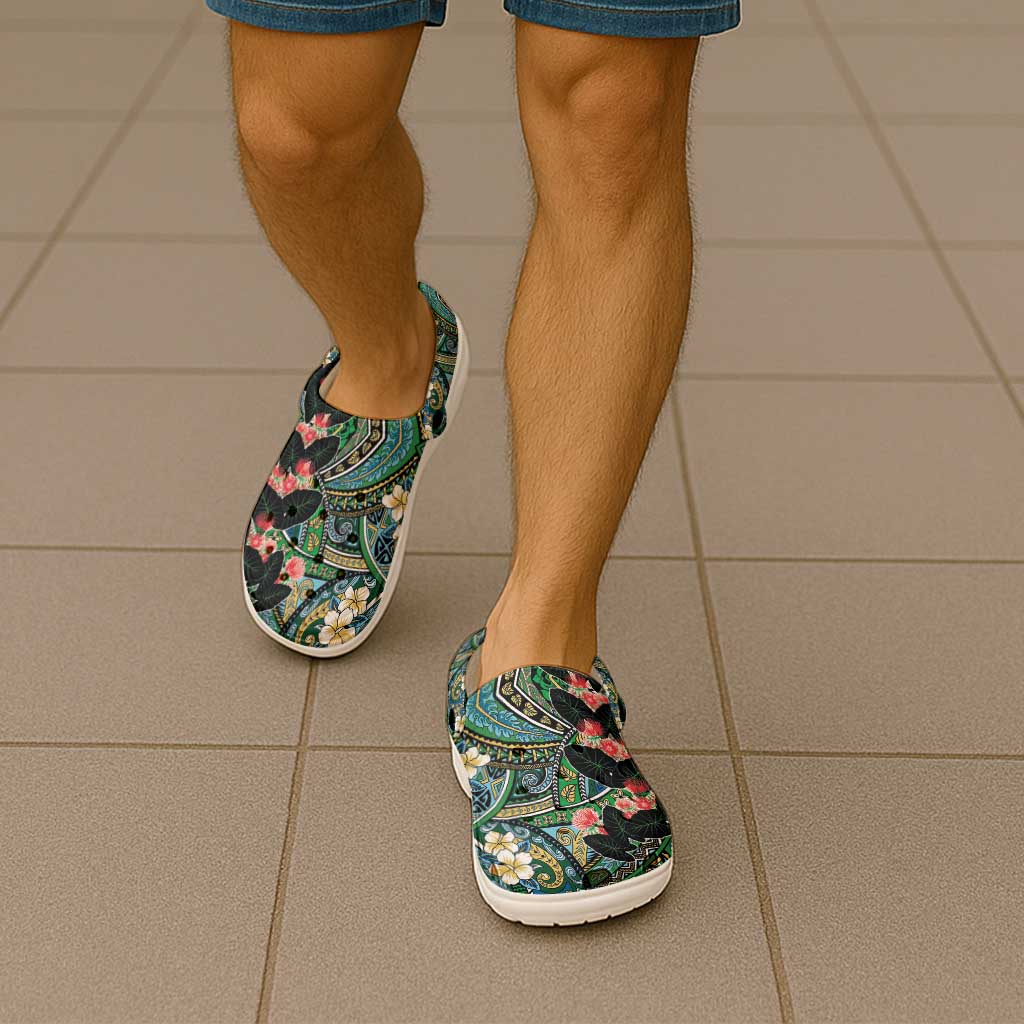 Hawaiian Taro Leaves and Ohia Lehua Clogs Shoes Polynesian Tribal Art Tropical Plants Motifs Colorful