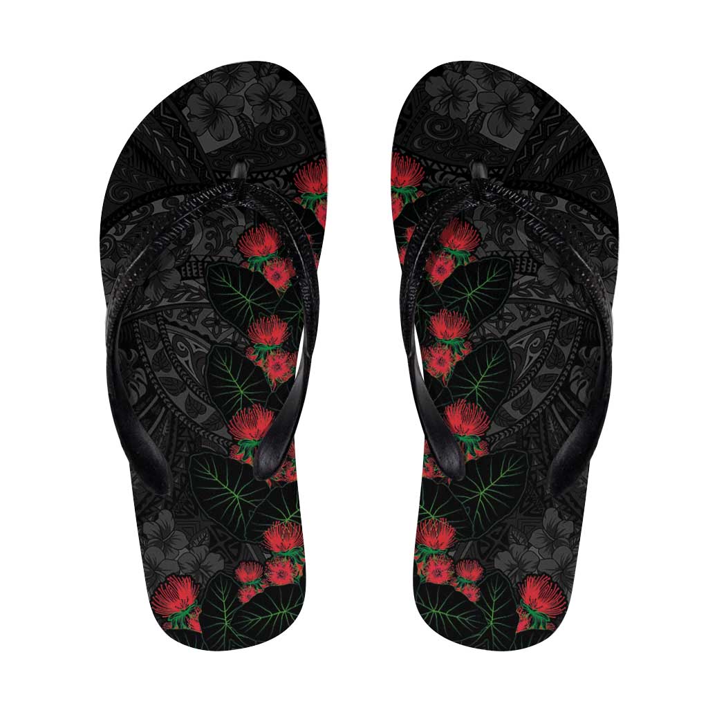 Hawaiian Taro Leaves and Ohia Lehua Flip Flops Polynesian Tribal Art Tropical Plants Motifs Grayscale