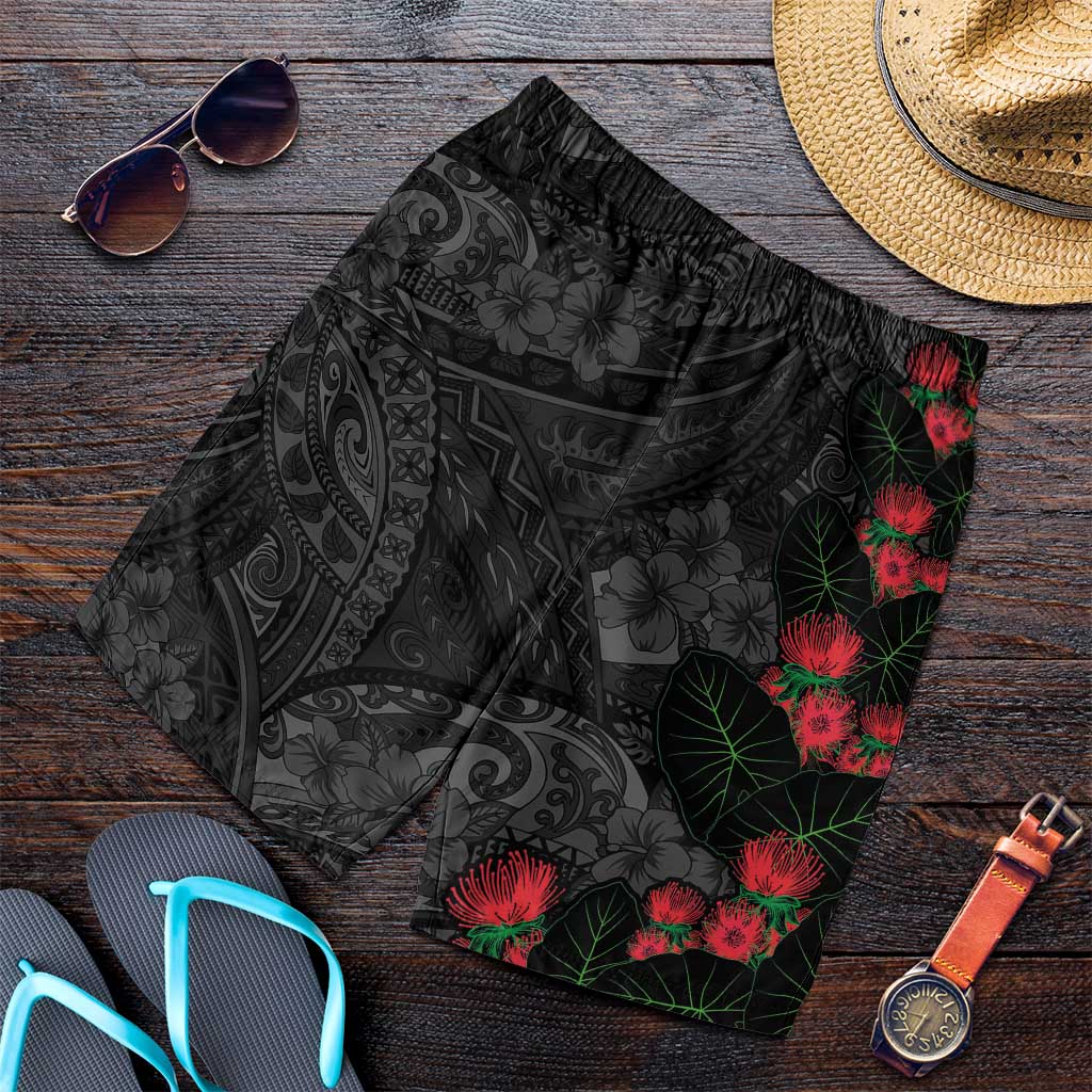 Hawaiian Taro Leaves and Ohia Lehua Shorts for Men Polynesian Tribal Art Tropical Plants Motifs Grayscale