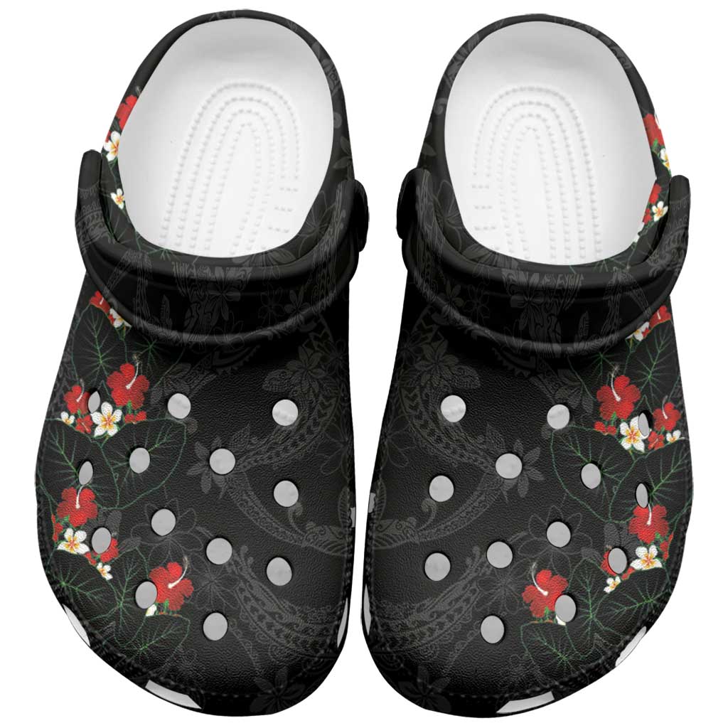 Hawaiian Taro Leaves-Hibiscus and Plumeria Clogs Shoes Floral Tribal Tattoo Motif
