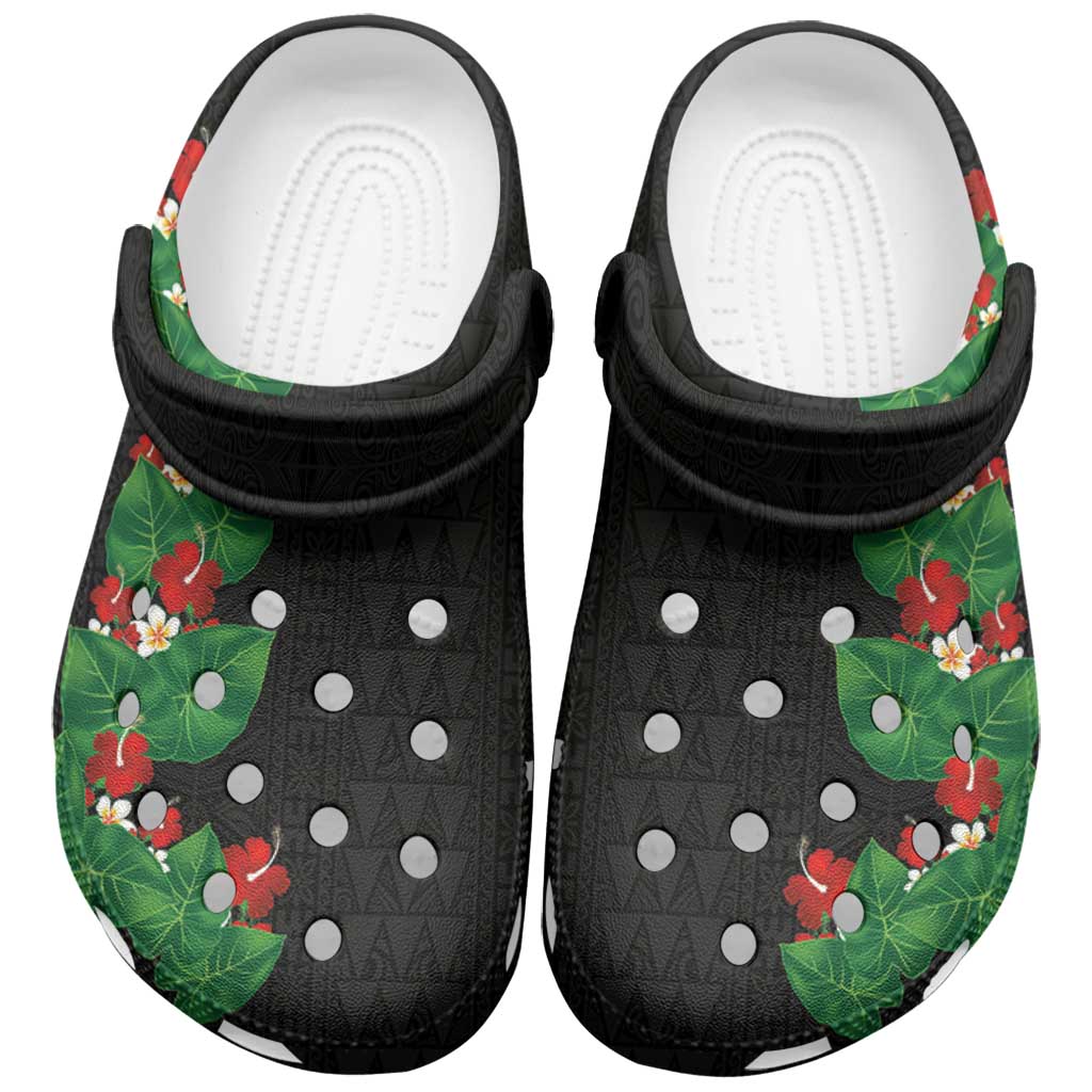 Hawaiian Taro Leaves-Hibiscus and Plumeria Clogs Shoes Polynesian Art-Kakau Tattoo Black
