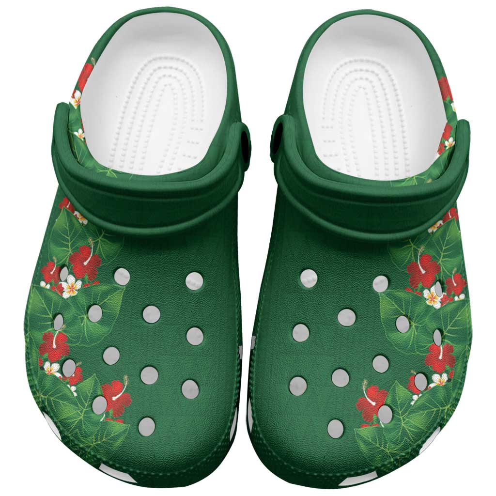 Hawaiian Taro Leaves-Hibiscus and Plumeria Clogs Shoes Polynesian Art-Kakau Tattoo Green