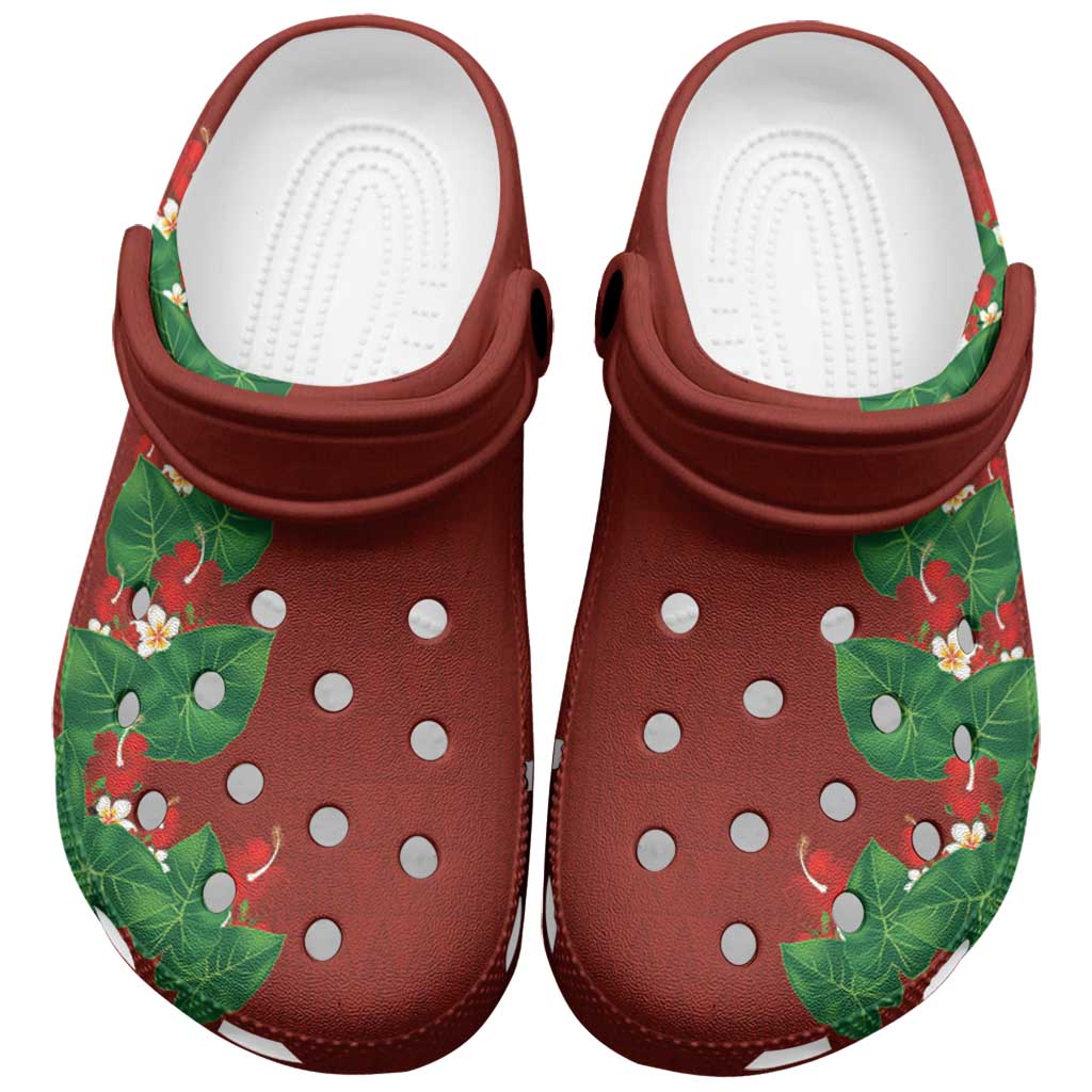 Hawaiian Taro Leaves-Hibiscus and Plumeria Clogs Shoes Polynesian Art-Kakau Tattoo Red