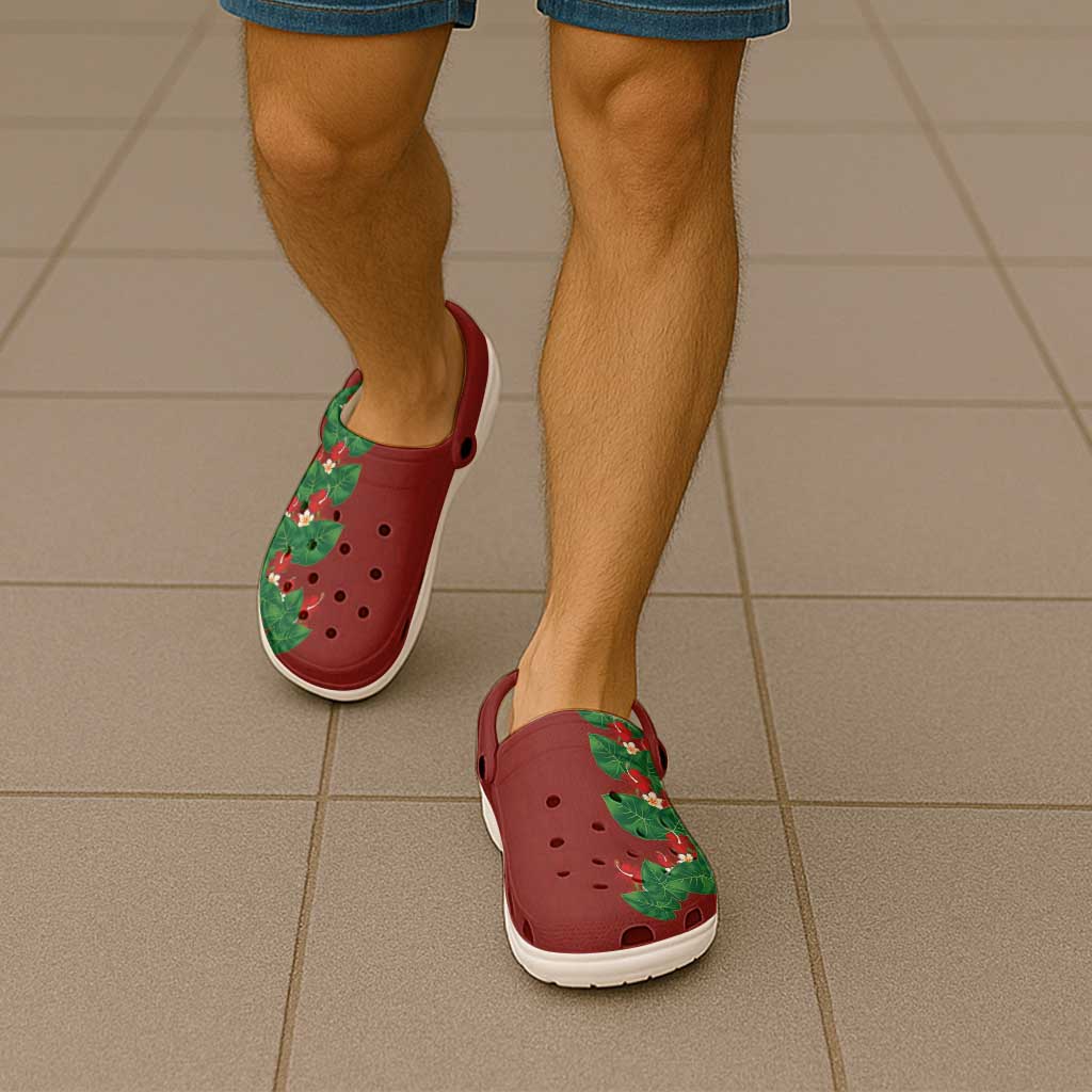 Hawaiian Taro Leaves-Hibiscus and Plumeria Clogs Shoes Polynesian Art-Kakau Tattoo Red