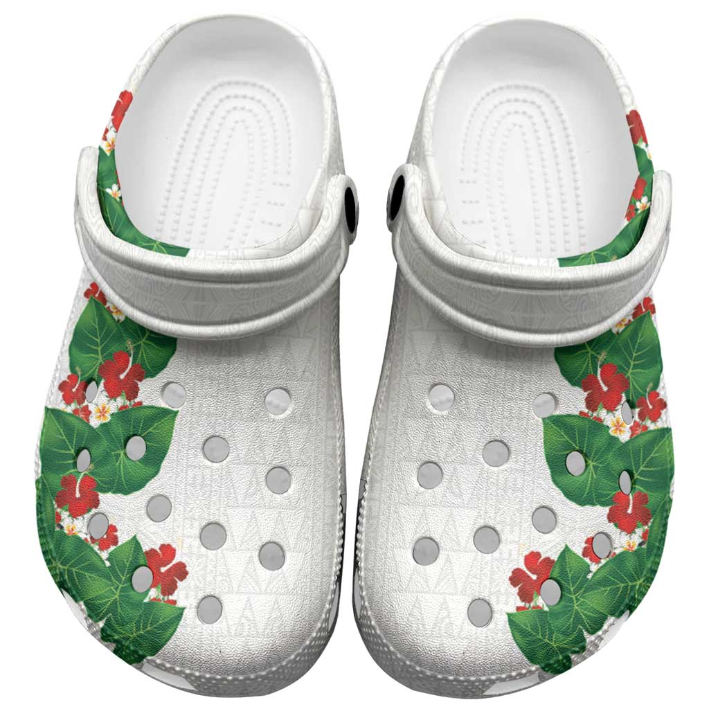 Hawaiian Taro Leaves-Hibiscus and Plumeria Clogs Shoes Polynesian Art-Kakau Tattoo White