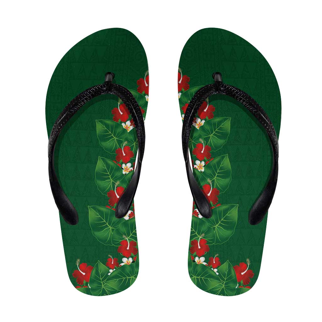 Hawaiian Taro Leaves-Hibiscus and Plumeria Flip Flops Polynesian Art-Kakau Tattoo Green
