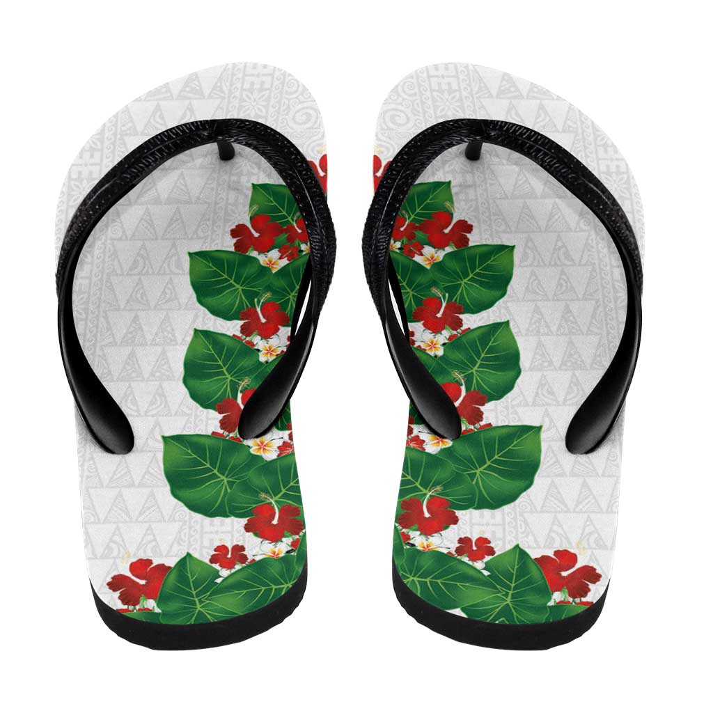Hawaiian Taro Leaves-Hibiscus and Plumeria Flip Flops Polynesian Art-Kakau Tattoo White