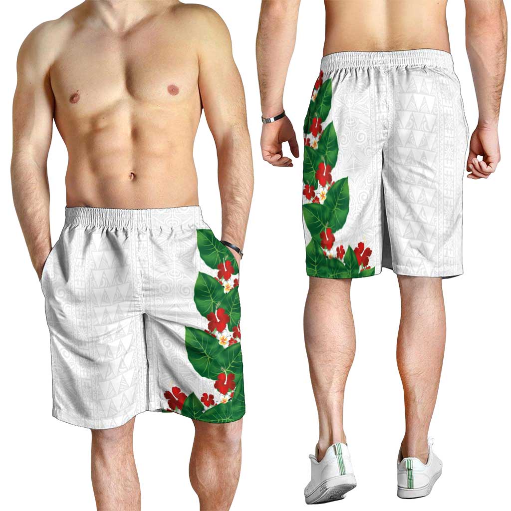 Hawaiian Taro Leaves-Hibiscus and Plumeria Shorts for Men Polynesian Art-Kakau Tattoo White