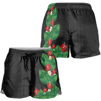 Hawaiian Taro Leaves-Hibiscus and Plumeria Shorts for Women Polynesian Art-Kakau Tattoo Black