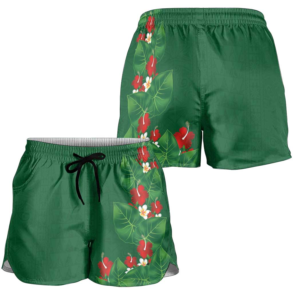 Hawaiian Taro Leaves-Hibiscus and Plumeria Shorts for Women Polynesian Art-Kakau Tattoo Green