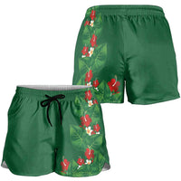 Hawaiian Taro Leaves-Hibiscus and Plumeria Shorts for Women Polynesian Art-Kakau Tattoo Green