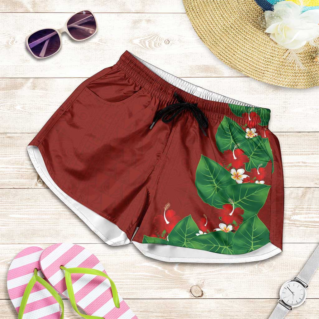 Hawaiian Taro Leaves-Hibiscus and Plumeria Shorts for Women Polynesian Art-Kakau Tattoo Red