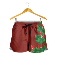 Hawaiian Taro Leaves-Hibiscus and Plumeria Shorts for Women Polynesian Art-Kakau Tattoo Red
