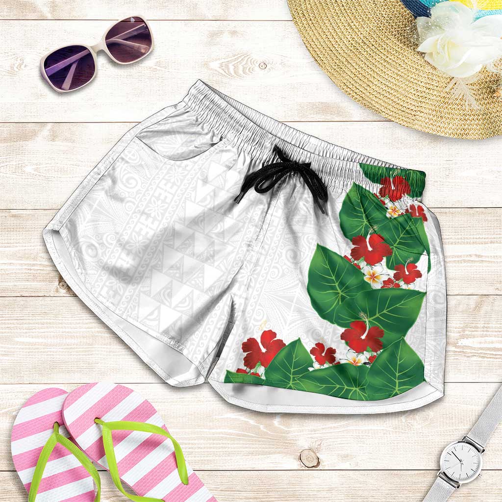 Hawaiian Taro Leaves-Hibiscus and Plumeria Shorts for Women Polynesian Art-Kakau Tattoo White