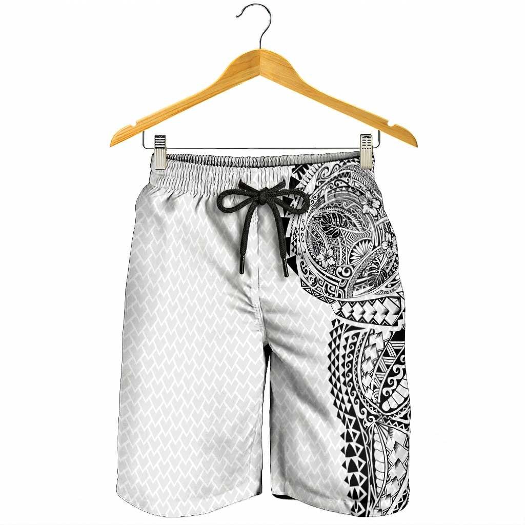 Hawaiian Traditional Tattoos Shorts for Men Kakau Tribal Tropical Plant Motif White Color