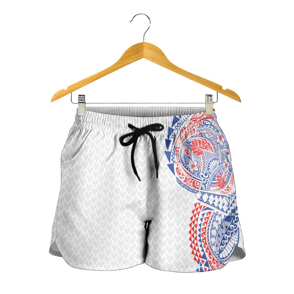 Hawaiian Traditional Tattoos Shorts for Women Kakau Tribal Tropical Plant Motif Hawaii Flag Color Inspired