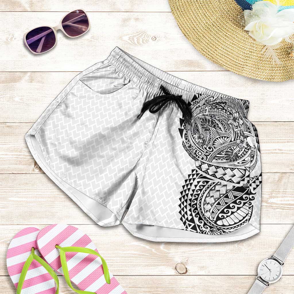 Hawaiian Traditional Tattoos Shorts for Women Kakau Tribal Tropical Plant Motif White Color