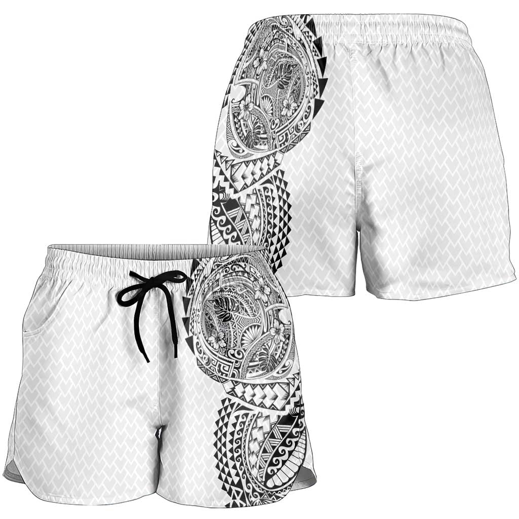 Hawaiian Traditional Tattoos Shorts for Women Kakau Tribal Tropical Plant Motif White Color