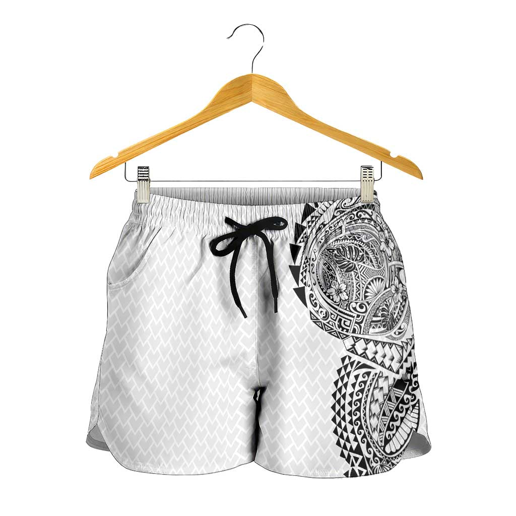 Hawaiian Traditional Tattoos Shorts for Women Kakau Tribal Tropical Plant Motif White Color