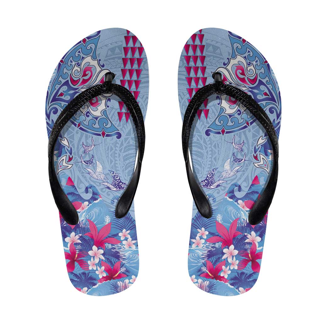 Hawaiian Tribal Manta Ray Flip Flops Kakau Tattoo and Flowers Surfing Waves Pattern Soft Color
