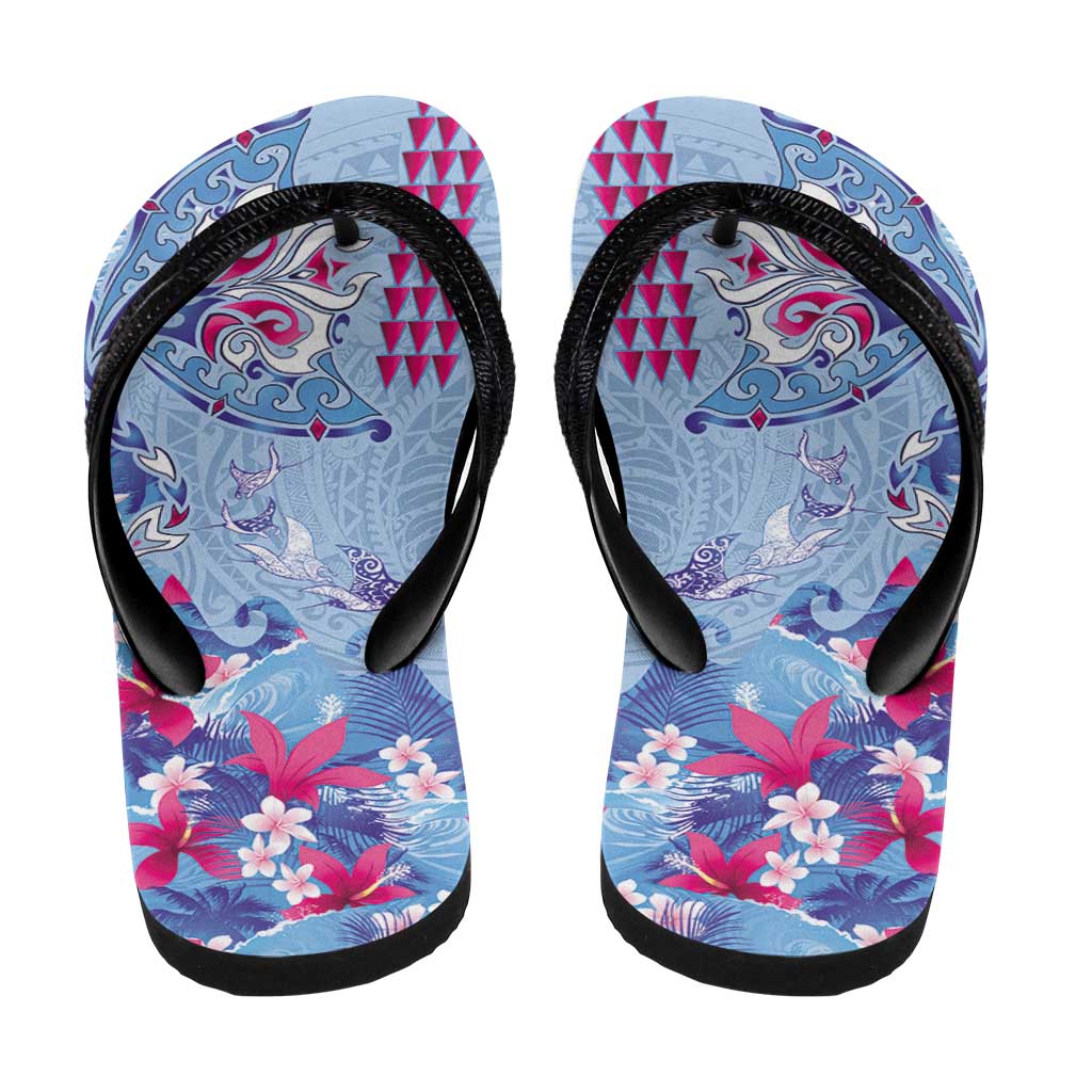 Hawaiian Tribal Manta Ray Flip Flops Kakau Tattoo and Flowers Surfing Waves Pattern Soft Color LT03 - Polynesian Pride