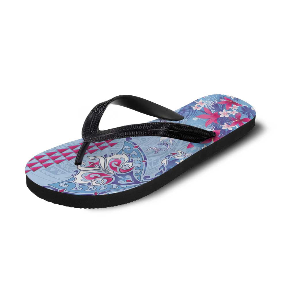 Hawaiian Tribal Manta Ray Flip Flops Kakau Tattoo and Flowers Surfing Waves Pattern Soft Color LT03 - Polynesian Pride