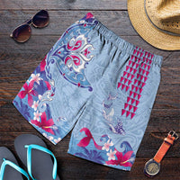 Hawaiian Tribal Manta Ray Shorts for Men Kakau Tattoo and Flowers Surfing Waves Pattern Soft Color LT03 Multicolor - Polynesian Pride