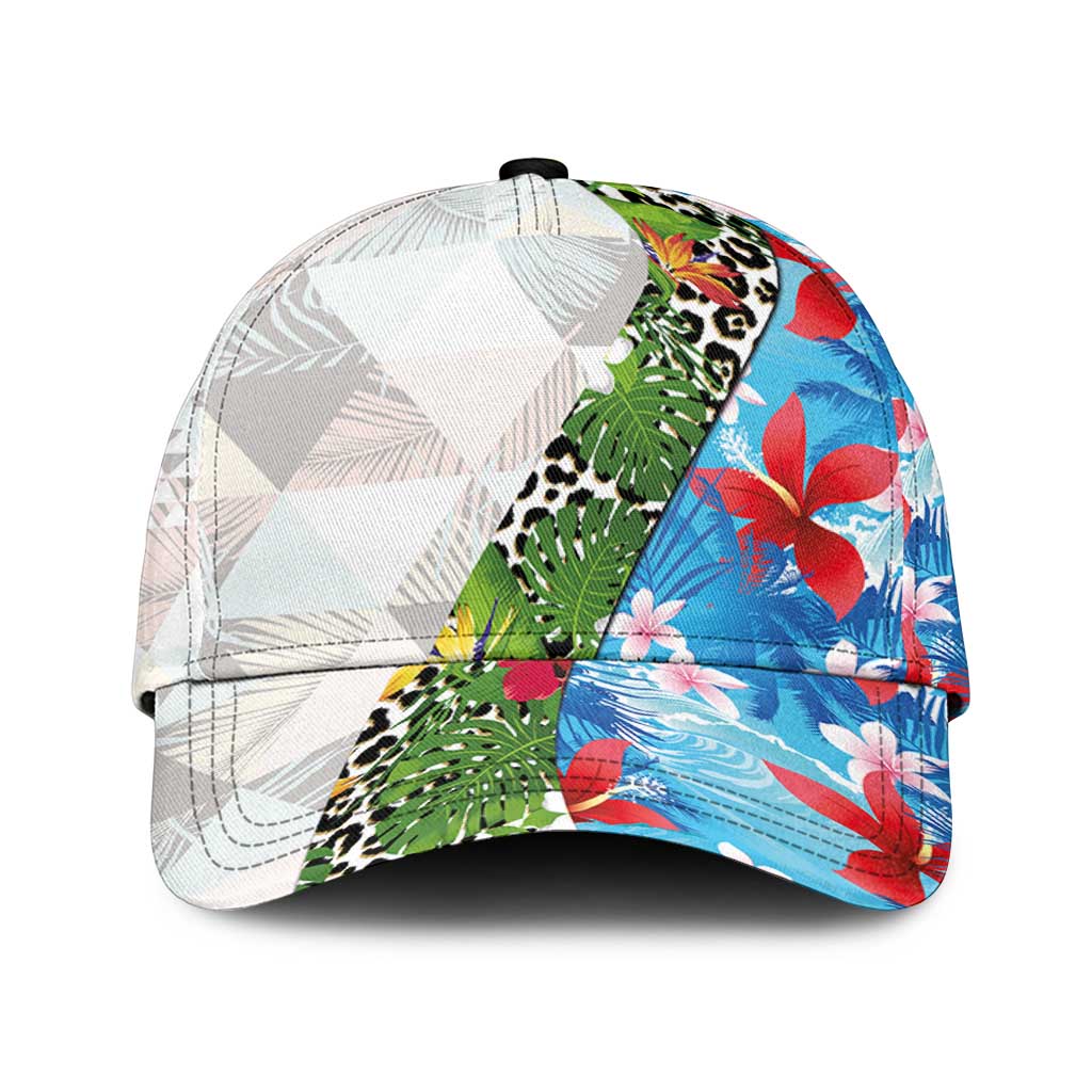 Hawaiian Tropical Flowers and Leaves Classic Cap Leopard Pattern Half White Blue Version LT03