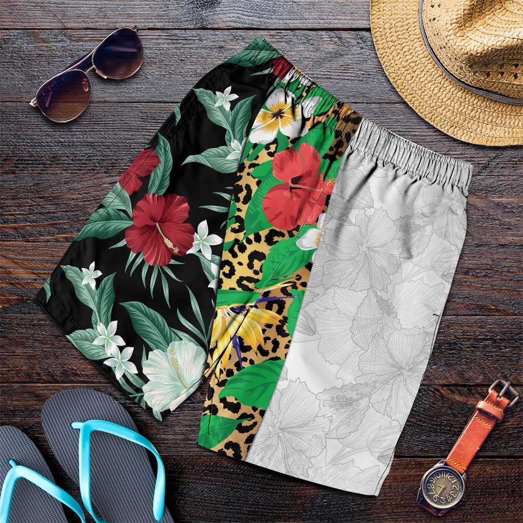 Hawaiian Tropical Flowers and Leaves Shorts for Men Leopard Pattern Half White Black Version LT03 White - Polynesian Pride