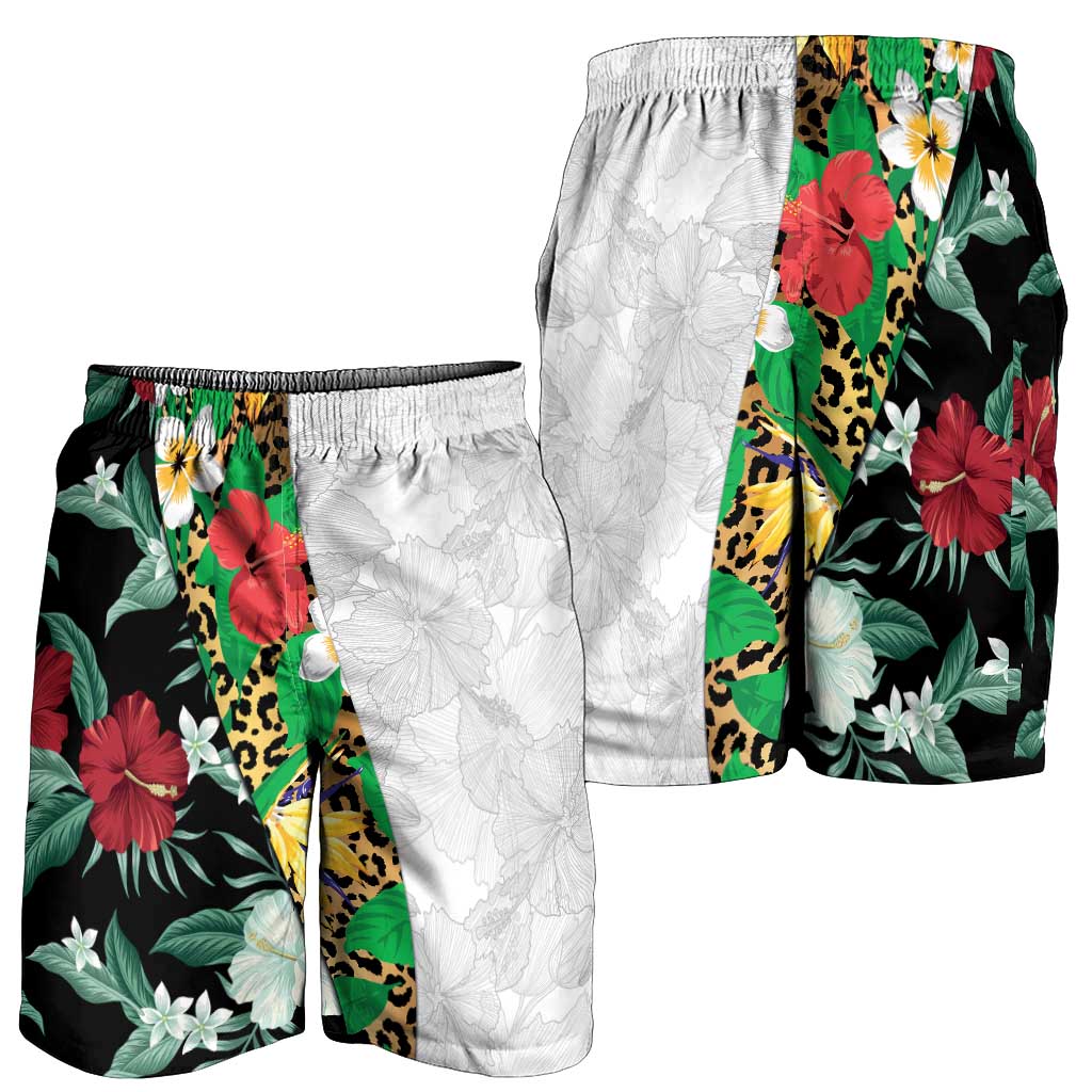 Hawaiian Tropical Flowers and Leaves Shorts for Men Leopard Pattern Half White Black Version LT03 - Polynesian Pride