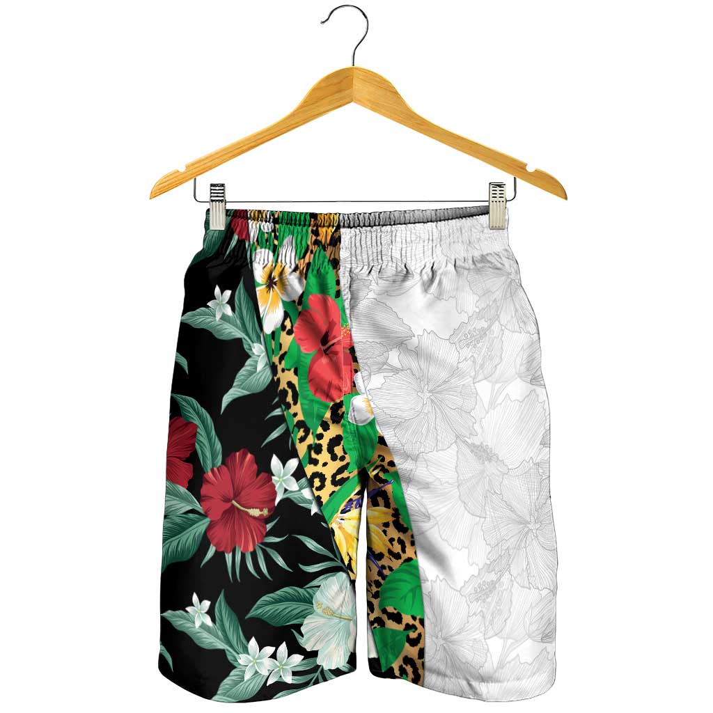 Hawaiian Tropical Flowers and Leaves Shorts for Men Leopard Pattern Half White Black Version LT03 - Polynesian Pride