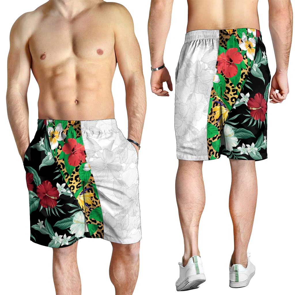 Hawaiian Tropical Flowers and Leaves Shorts for Men Leopard Pattern Half White Black Version LT03 - Polynesian Pride