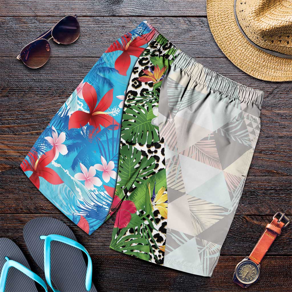 Hawaiian Tropical Flowers and Leaves Shorts for Men Leopard Pattern Half White Blue Version LT03 White - Polynesian Pride