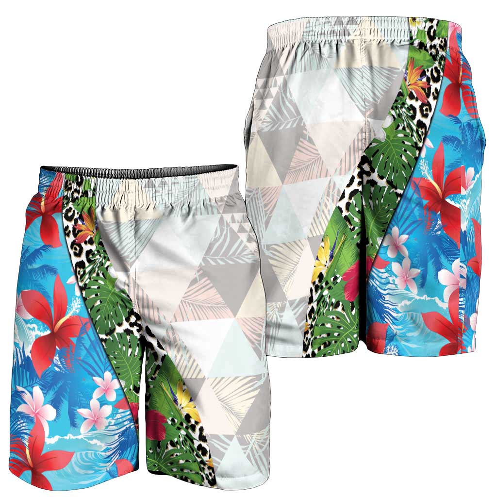 Hawaiian Tropical Flowers and Leaves Shorts for Men Leopard Pattern Half White Blue Version LT03 - Polynesian Pride